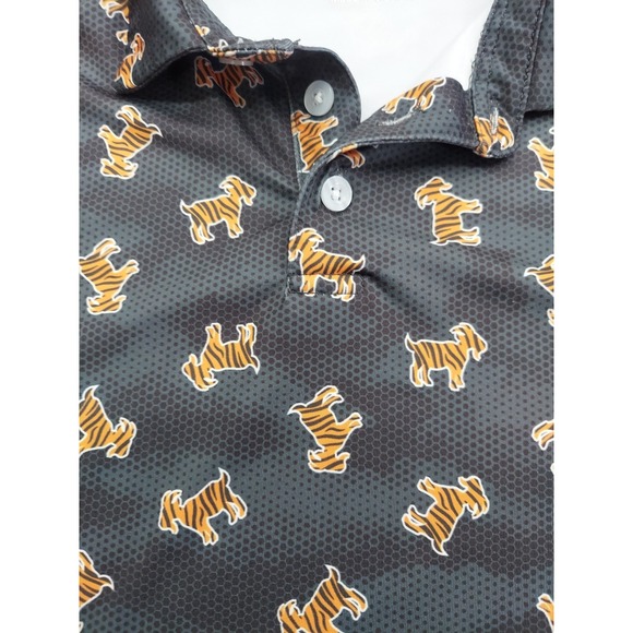 Waggle Polo Shirt Mens SMALL Black Tiger Striped Goat Allover Golf Performance - Picture 4 of 11